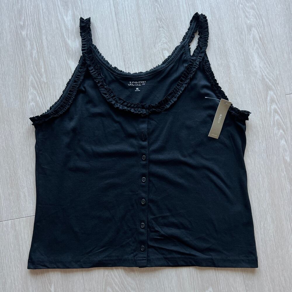 J Crew Broken In Jersey Button Front Tank Top With Ruffle Trim Womens XL Black